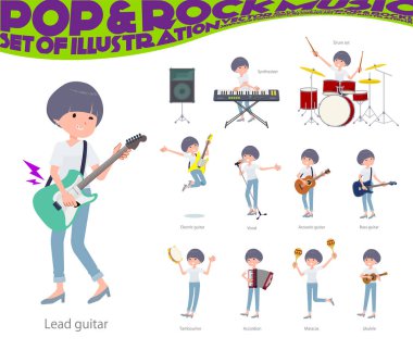 Rock 'n' roll ve pop müzik çalan tişörtlü kadın. Yönetmen sanatını düzenlemek çok kolay..