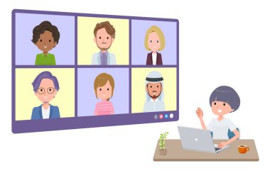 Bir grup tişörtlü pelte saçlı kadın internette birçok insanla toplantı yapıyor. Bakış açısı. Vektör sanatını düzenlemek çok kolay..