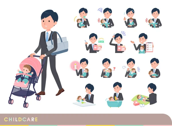 Set Business Man Who Take Care Baby Vector Art Easy — Stock Vector