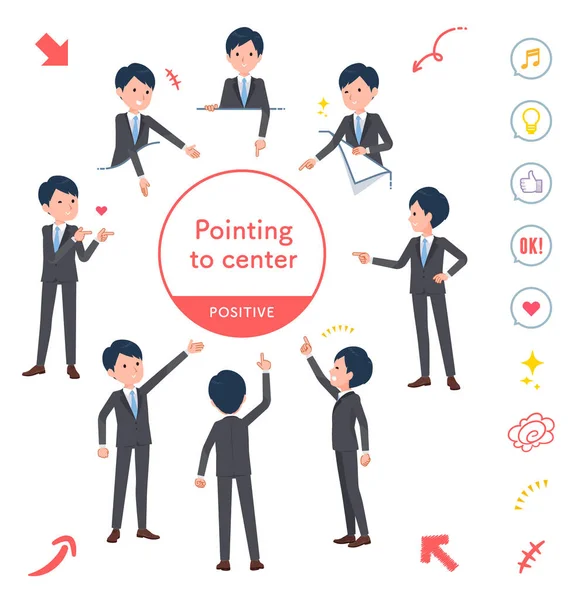 Set Business Man Pointing Different Directions Positive Expression Vector Art — Stock Vector