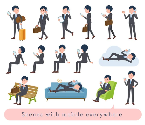 Set Business Man Who Uses Smartphone Various Scenes Vector Art — Stock Vector