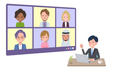 Bir grup iş adamı birden fazla kişiyle çevrimiçi toplantı yapıyor. Bakış açısı. Vektör sanatını düzenlemek çok kolay..