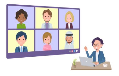 Bir grup iş adamı birden fazla kişiyle çevrimiçi toplantı yapıyor. Bakış açısı. Vektör sanatını düzenlemek çok kolay..
