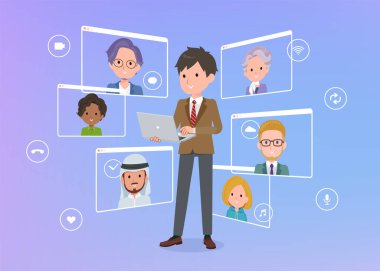 İnternette dizüstü bilgisayar kullanarak iletişim kuran bir grup blazer öğrenci. Düzenlemesi çok kolay vektör sanatı..