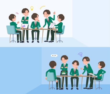 Bir spor ceketli çocuğun intraserebral toplantısı var. Vektör sanatını düzenlemek çok kolay..