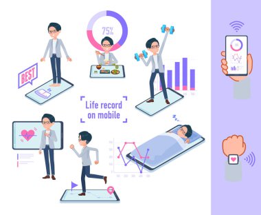 Davranışlarını ve sağlığını akıllı telefonlarında yöneten bir grup programcı mühendis. Düzenlemesi çok kolay vektör sanatı..