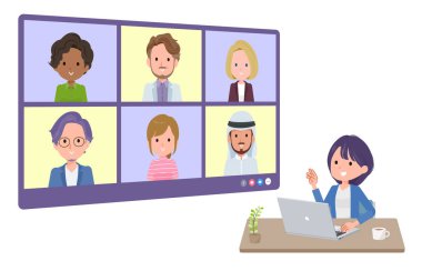 Bir grup halkla ilişkiler kadını birden fazla kişiyle çevrimiçi toplantı yapıyor. Bakış açısı. Vektör sanatını düzenlemek çok kolay..