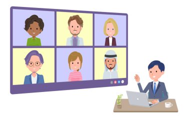 Bir grup danışman birden fazla kişiyle çevrimiçi toplantı yapıyor. Bakış açısı. Vektör sanatını düzenlemek çok kolay..
