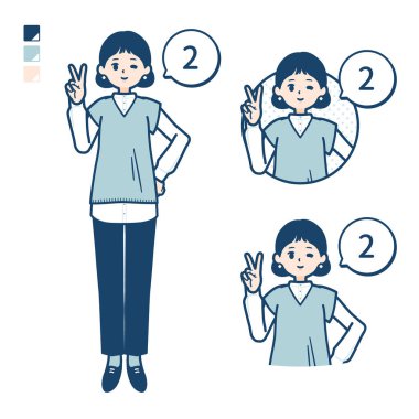 Örgü yelekli bir kadın 2 resim olarak sayar. Bu vektör sanatı, yani montajlaması kolay..