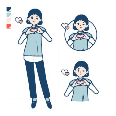 Elle kalp sembolü yapan örgü bir yelek giyen bir kadın. Bu vektör sanatı, bu yüzden düzenlemesi kolay..