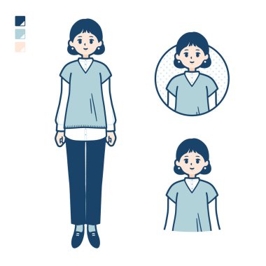 Gülümseyen imgelerle örgü ören bir kadın. Bu vektör sanatı, bu yüzden düzenlemesi kolay..