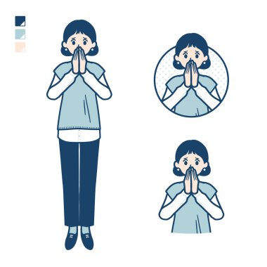 Örgü yelekli bir kadın. Şaşırtıcı ve rahatsız edici görüntüler. Bu vektör sanatı..