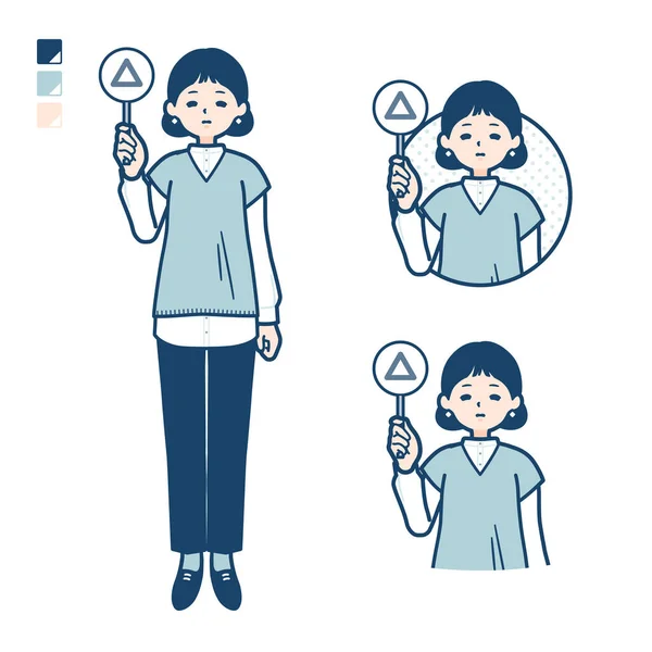 Örgü yelekli bir kadın. Üçgen panel görüntüsü takıyor. Bu vektör sanatı..