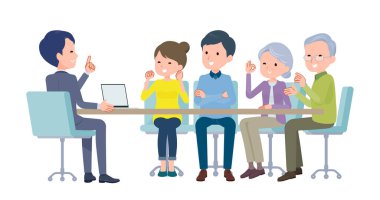 Bir çift ve ailelerle toplantı yaptığın bir iş sahnesi. İyi izlenim. Düzenlemesi kolay bir vektör sanatı..