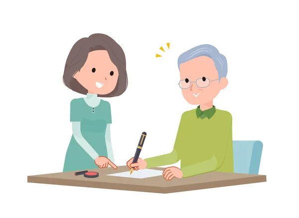 Woman Teaching Senior Man How Fill Out Forms — Stock Vector