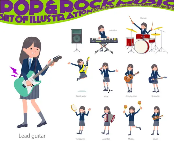 Set Navy Blazer Student Women Playing Rock Roll Pop Music — Stock Vector