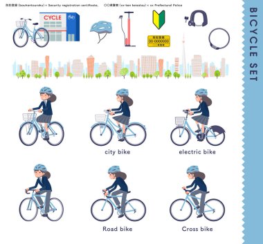 Çeşitli bisikletlere binen denizci ceketli kadınlar. Yönlendirmesi çok kolay..