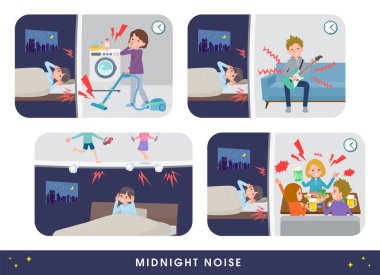 Komşularının gürültüsünden muzdarip bir takım denizci ceketli kadın. Bu vektör sanatını düzenlemek çok kolay..