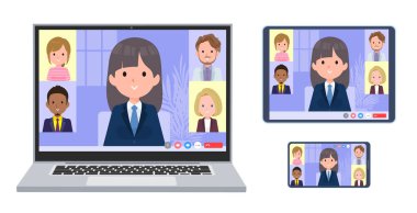 Çevrimiçi toplantı yapan denizci ceketli kadınlar. Bir dizüstü bilgisayar, tablet ve akıllı telefon seti. Yönlendirmesi çok kolay..