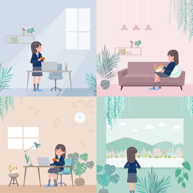 Bir grup denizci ceketli kadın odada dinleniyor. Vektör sanatını düzenlemek çok kolay..