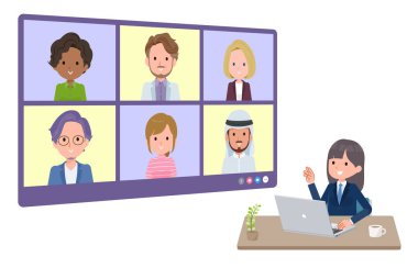 Bir grup denizci spor ceketli kadın birden fazla kişiyle çevrimiçi toplantı yapıyor. Bakış açısı. Vektör sanatını düzenlemek çok kolay..