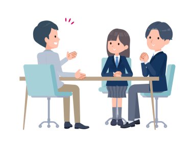 Öğretmen iki öğrenciyle konuşuyor. Vektör sanatı. Düzenlemesi kolay..