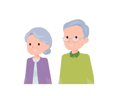 70-80 yaşlarında yaşlı bir çift. Normal yüz ifadeleri, gülümseme. Çapraz olarak ileri..