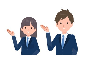 Erkek ve bayan öğrenciler lacivert ceket giyiyor. Yol tarifi ve tanışma pozu..