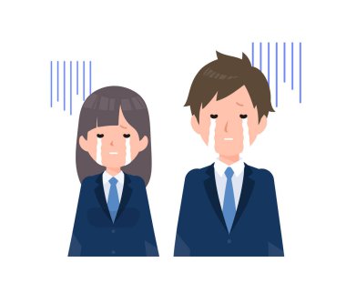 Erkek ve bayan öğrenciler lacivert spor ceket giyip ağlıyorlar.