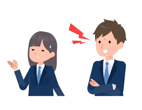 stock vector Male and female students wearing navy blue blazers. He questions her harshly.