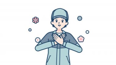 Elleri havada, sağlık üniforması giyen genç adam.