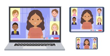 Bir grup bronz tenli kadın internette toplantı yapıyor. Bir dizüstü bilgisayar, tablet ve akıllı telefon seti. Yönlendirmesi çok kolay..