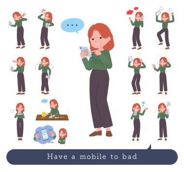 Bir grup kızıl saçlı kadın akıllı telefon kullanıyor. Bu vektör sanatını düzenlemek çok kolay..