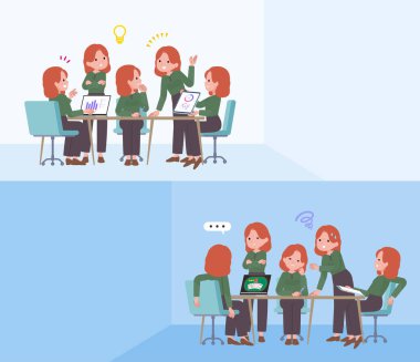 Bir grup kızıl saçlı kadının intraserebral toplantısı var. Vektör sanatını düzenlemek çok kolay..
