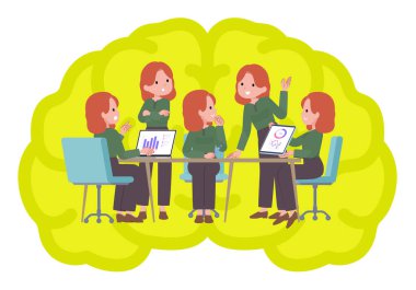 Bir grup kızıl saçlı kadının intraserebral toplantısı var. Vektör sanatını düzenlemek çok kolay..