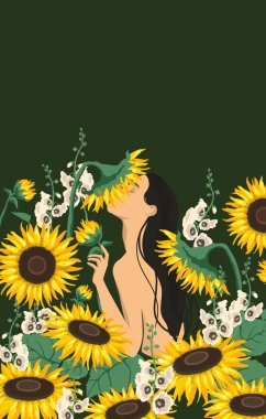 Vector illustration of woman on a sunflowers meadow. Scenic summer landscape.