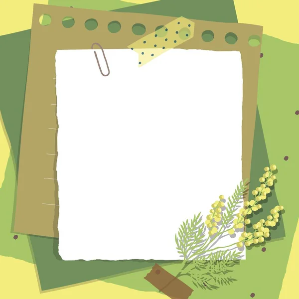 stock vector Scrapbook composition with notes paper, tapes and flowers elements. Page for stories in spring style. Vector illustration in yellow and green colors.