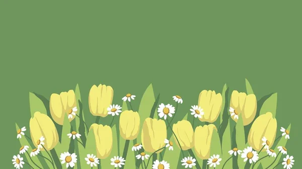 Voorjaarsspandoek Met Tulpen Madeliefjes Bloemen Achtergrond Voor Ontwerp Plaats Voor — Stockvector