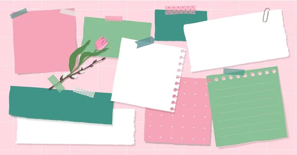 さまざまなノートペーパーのコレクション カラフルな粘着性のあるノート 春の色ピンクと緑のベクトルセットのバナー テキストの場所 — ストックベクタ