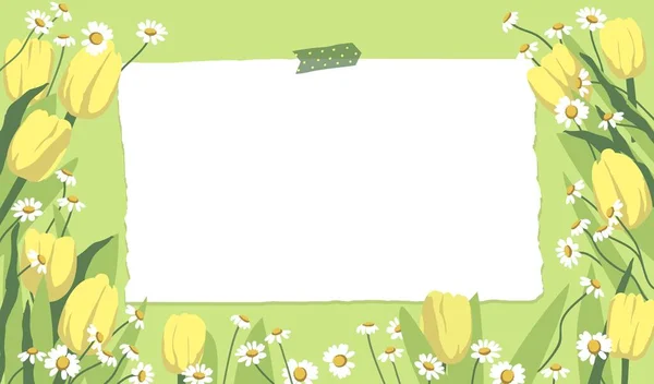 Tavaszi Háttér Sárga Tulipánok Százszorszépek Virágok Háttér Design Szöveg Helye — Stock Vector
