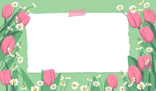 Tavaszi Háttér Rózsaszín Tulipánok Százszorszépek Virágok Háttér Design Szöveg Helye — Stock Vector