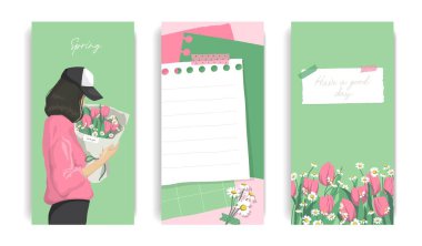 Design for social media. Set of spring stories templates. Mockup for personal blog. Scrapbook composition with notes paper, tapes, flowers elements and photo frame. Vector illustration in spring