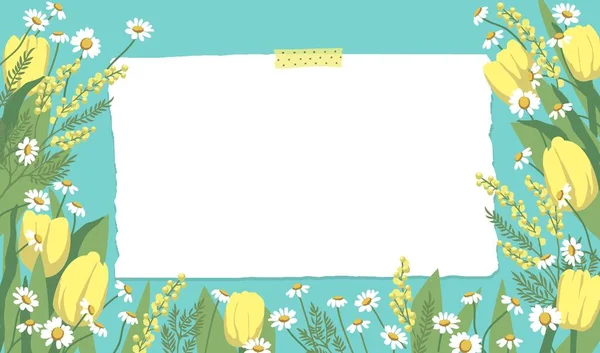 黄色のチューリップとデイジーと春の背景 デザインの背景の花 テキストの場所 — ストックベクタ