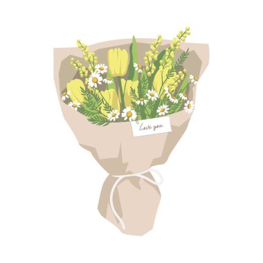 Beyaz arka planda izole edilmiş bir buket bahar çiçeği. Sarı laleler, mimoza ve papatyalar. Minimalist renk paletinde şık bir bahar buketi. Vektör illüstrasyonu.