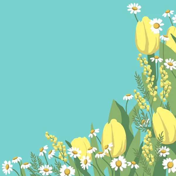 Voorjaarsachtergrond Met Gele Tulpen Mimosa Madeliefjes Bloemen Achtergrond Voor Ontwerp — Stockvector
