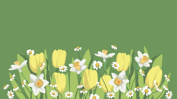 stock vector Spring banner with daffodils and daisies. Flowers background for design. Place for your text.