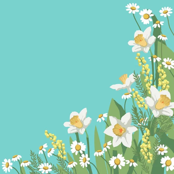 Voorjaarsspandoek Met Narcissen Madeliefjes Bloemen Achtergrond Voor Ontwerp Plaats Voor — Stockvector
