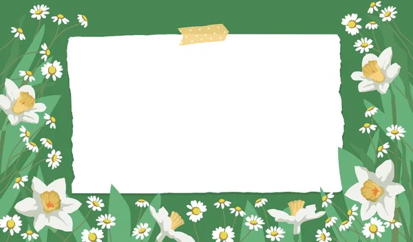 Tavaszi Zászló Nárciszokkal Százszorszépekkel Virágok Háttér Design Szöveg Helye — Stock Vector