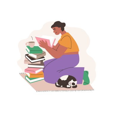 Kız karakter bir yığın kitabın yanında oturuyor. Kendini geliştirme illüstrasyonu. Eğitim ve kişisel gelişim kavramı. İlgiyle kitap okuyan genç bir kadın. Dünya Kitap Günü. Vektör illüstrasyonu