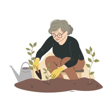 Bahçıvanlık ve bitki bakımı. Sulama Tenekesi Düz Tarzlı Yaşlı Kadın. Beyaz arkaplanda vektör illüstrasyonu